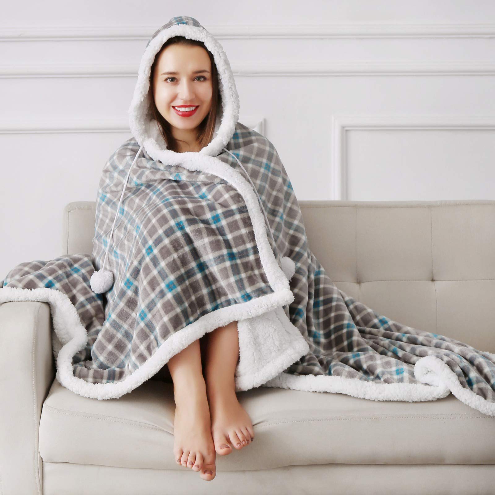 YORKSHIRE HOMEWARE Super Soft Warm Sherpa Fleece Wearable Hoodie Blankets Throws Animal Skin Print Check Designs -130 x 180 cm (Check)