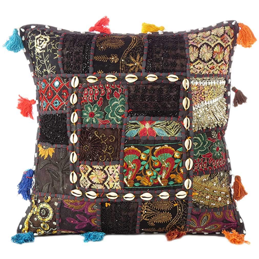Eyes of India Decorative Patchwork Boho Throw Pillow Cover, Colorful Cushion Case for Sofa Couch, Bohemian Handmade Accent Bedroom Living Room, 20x20 inch (50x50 cm), Black