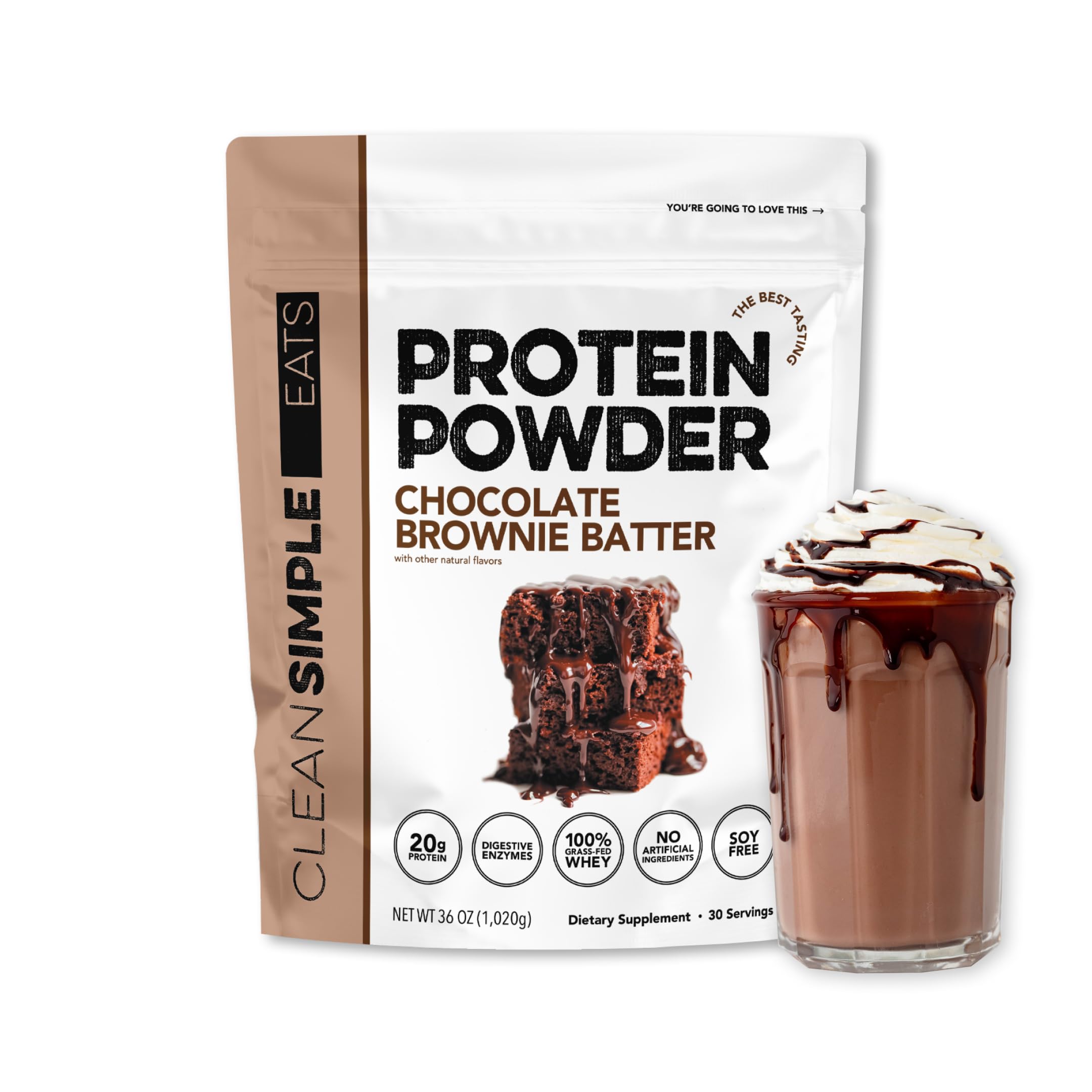 Photo 1 of Clean Simple Eats Whey Protein Powder, Chocolate Brownie Batter Flavor Naturally Sweetened, 100% Grass Fed Protein Powder with Digestive Enzymes & No Artificial Ingredients, Gluten Free, 30 Servings