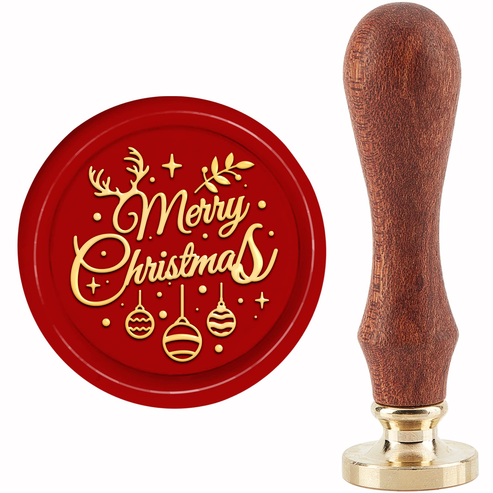 CRASPIRE Merry Christmas Wax Seal Stamp Christmas Ball Sealing Stamp antlers 30mm/1.18inch Removable Brass Head Sealing Stamp with Wooden Handle Invitations Greeting Cards Wrap Holiday