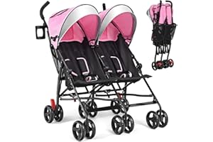 BABY JOY Double Umbrella Stroller, Lightweight Travel Side by Side Twin Stroller with Large Storage, Cup Holder, 5-Point Safety Harness, Adjustable Canopy & Compact Fold for Infant and Toddler (Pink)