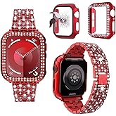 3-Pack Compatible For Apple Watch Band 38mm 40mm 41mm 42mm 44mm 45mm 46mm 49mm, Bling Jewelry Metal Bands with Diamond Case + Screen Protective Cover For iWatch Series 11/10/9/8/7/6/5/4/3/2/1/SE (Red, 44mm)