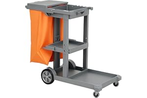 HOMCOM Commercial Janitorial Cart with 3 Tier Shelves, Professional Cleaning Cart with Rubbish Bag with Lid and Mop Mount for