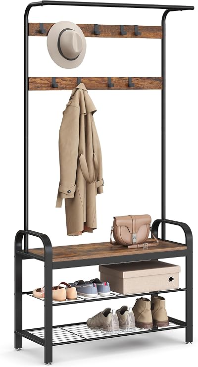VASAGLE Coat Rack with Shoe Storage Bench 4 in 1 Industrial Rustic Brown
