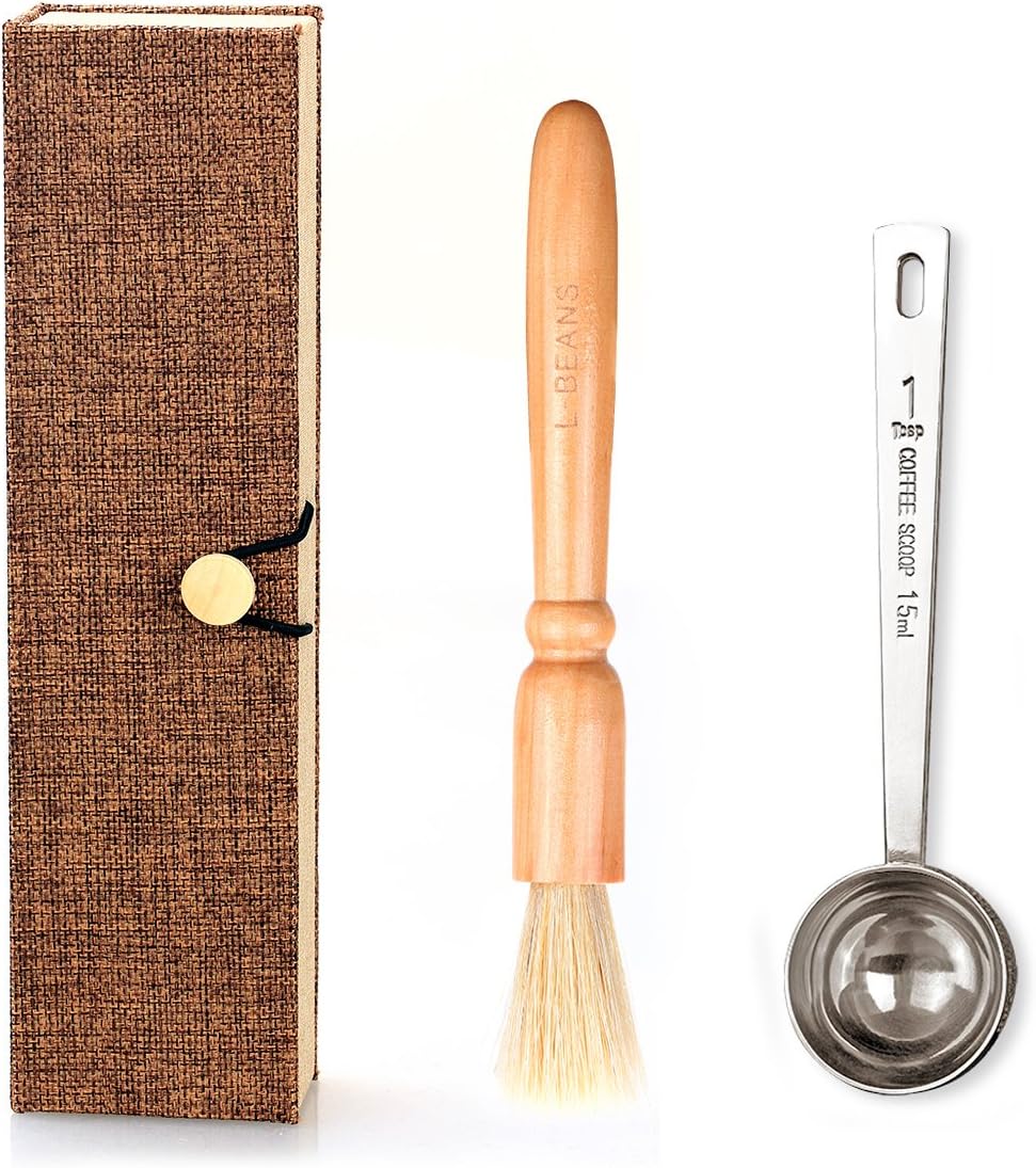 Coffee Grinder Brush and Measuring Scoop with Gift Box, Natural Wood & Bristles & 304 Stainless Steel Spoon Espresso Cleaning Brush Accessories