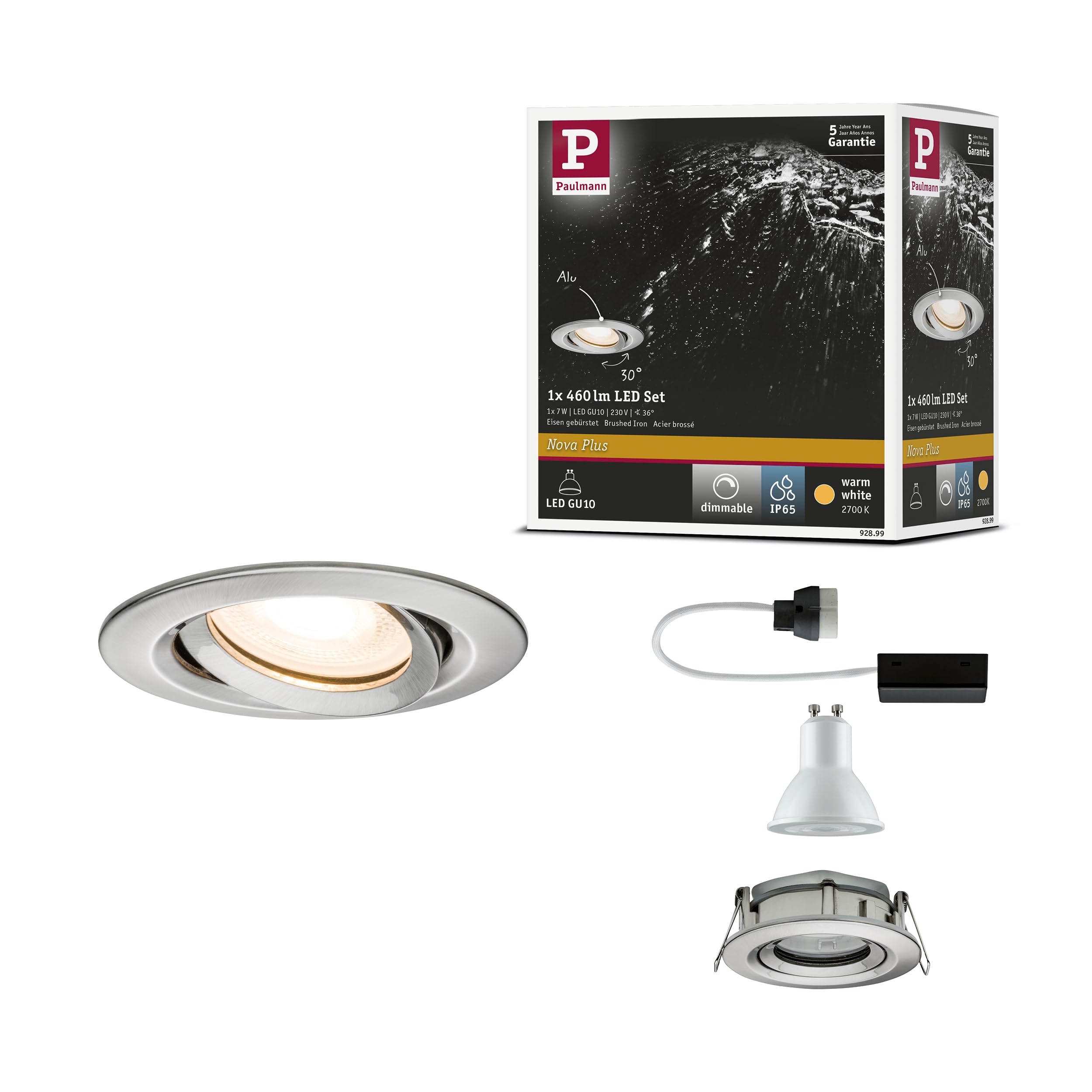 Paulmann Nova 92899 LED Recessed Spotlight Round IP65 7W / Complete Set of 1 / Includes GU10 Light Bulbs/Pivotable/Aluminium / 7 W/Brushed