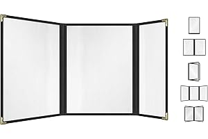 ACI SUPER POWER Goodsmart Restaurant Menu Covers – 25 Pack Black Trifold 6-View, Side-Loading Menu Holders, Vinyl & Plastic Café Menu Covers, Clear Menu Sleeves, Fits 8.5" x 11" & 4.25" x 11", Gold Corners