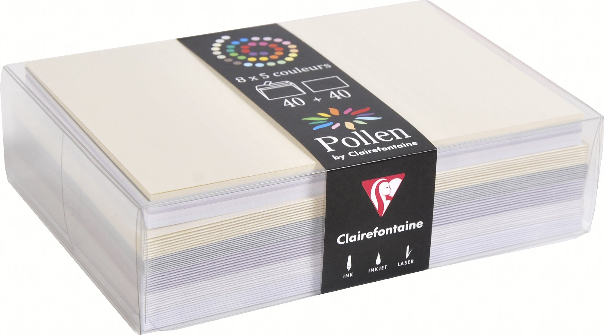 Clairefontaine 20842C Pack of 40 Envelopes Self-Adhesive Format C6 (11.4 x 16.2 cm) 210 g + 40 Cards 11 x 15.5 cm 120 g Pollen, Ideal for Invitations and Correspondence, Wedding, Assorted Colours, 1