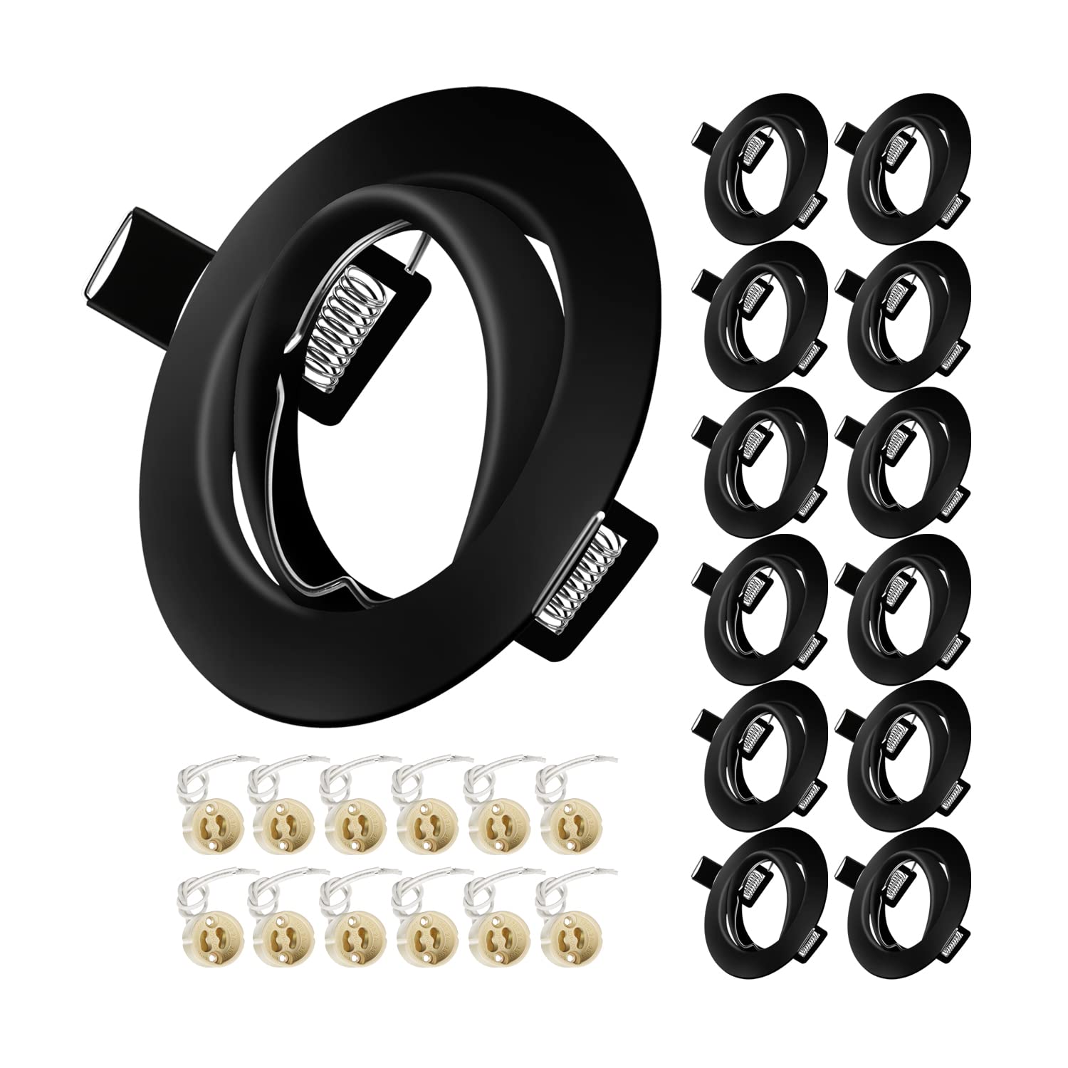 12x Modern GU10 Downlights for Ceiling, Round Black Metal Frame for Recessed Ceiling Lights, Tilt Swivel Spotlight - External Dimensions: 90mm, Cut-Out Hole Size:68-80 mm