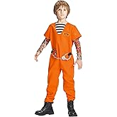 AlecosFun Kids Prisoner Costume, 4 Pcs Convict Jail Jumpsuit Handcuffs Escaped Set for Boys Girls Halloween Dress Up 3-10Y