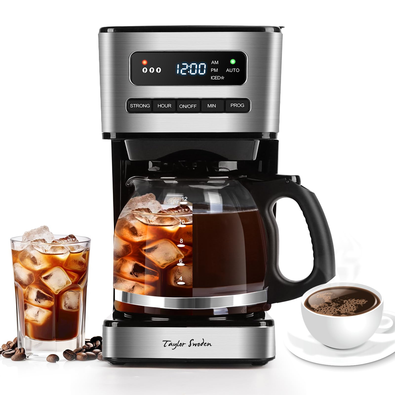 Photo 1 of Taylor Swoden Programmable Coffee Makers 12 Cup, Hot and Iced Coffee Maker, 4 Brew Strength, LED Display, 24H Timer, Keep Warm&Auto Shutoff- Drip Coffee Machine for Home/Office, Black &Stainless Steel