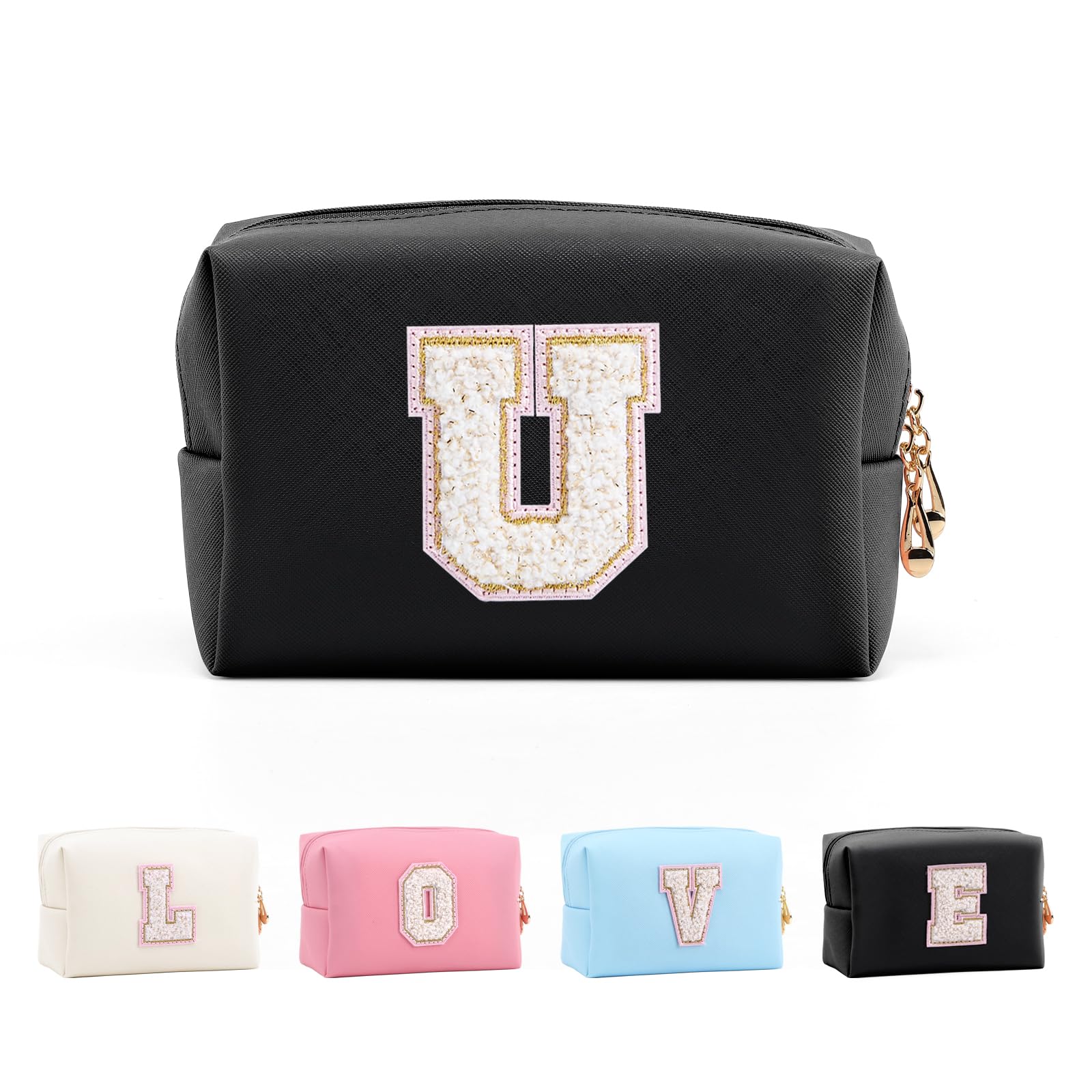 Anntry Small Personalized Initial Letter Makeup Bag, Cute Waterproof PU Leather Chenille Letter Cosmetic Bag Travel Makeup Bag, Preppy Makeup Pouch Toiletry Zipper Pouch Organizer for Women and Girls