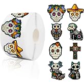 ALFEUND Day of the Dead Stickers, 500-Count Roll, 1.5 Inch, 8 Designs | Self-adhesive paper sugar skull stickers for Dia de los Muertos crafts, Halloween treat bags and party favors