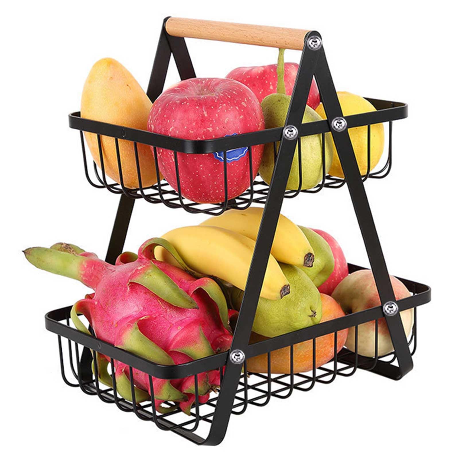 Yagosodee Fruit Basket Countertop Fruit and Veg Storage, 2-Tier Metal Vegetable Rack Detachable Fruit Bowl Holder, Rectangle Wire Basket for Fruits Veggies Bread Snacks Kitchen Organizer, Black