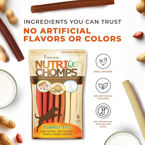 NUTRI CHOMPS DOG CHEWS, 5-INCH TWISTS, EASY TO DIGEST, RAWHIDE-FREE DOG TREATS, 15 COUNT, REAL CHICKEN, PEANUT BUTTER AND MILK FLAVORS