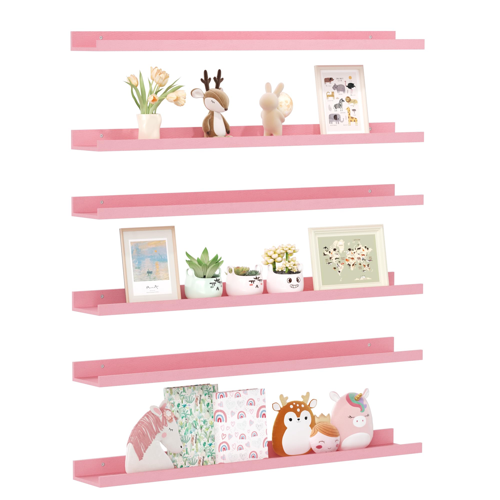 upsimples Pink Shelves for Wall, Cute Room Decor for Teen Girls, Bedroom, Living Room, Game Room, 6 Pack 35.5 inch Long Wall Mounted Wood Shelves for Pictures, Toys