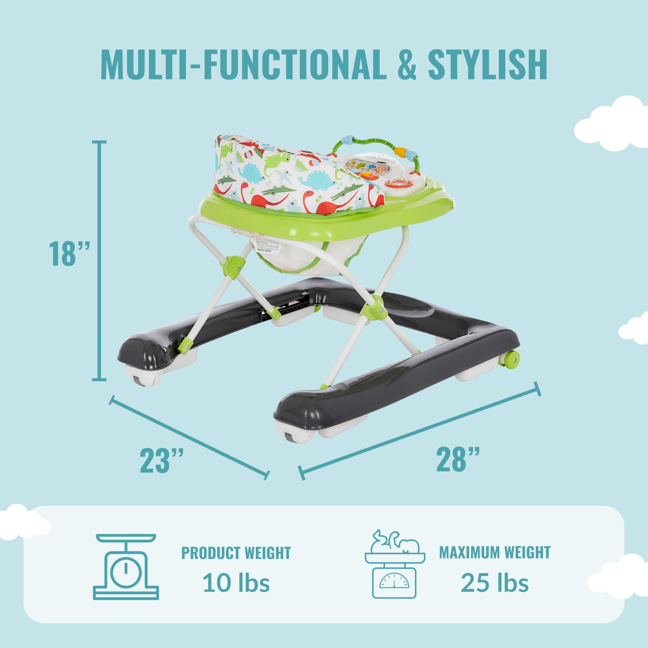 Dream On Me 2-in-1 Ava Baby Walker, Easy Convertible Baby Walker, Walk Behind, Height Adjustable Seat, Added Back Support, Detachable Slate, Green