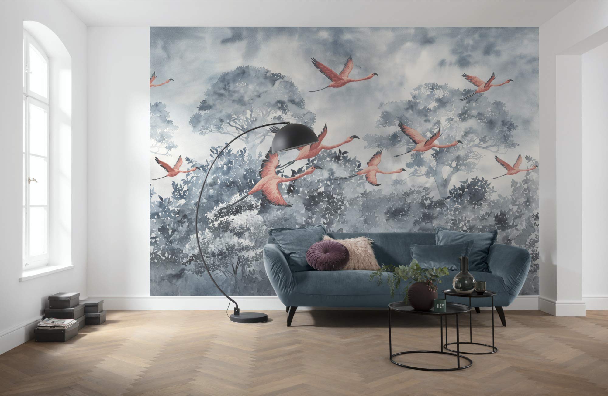 Komar Non-Woven Photo Wallpaper, Flamingos in The Sky, Living Room, Bedroom, Sky, Flamingo, Decoration, Wallpaper, Size: 400 x 280 cm (Width x Height), 8 Panels, Width 50 cm