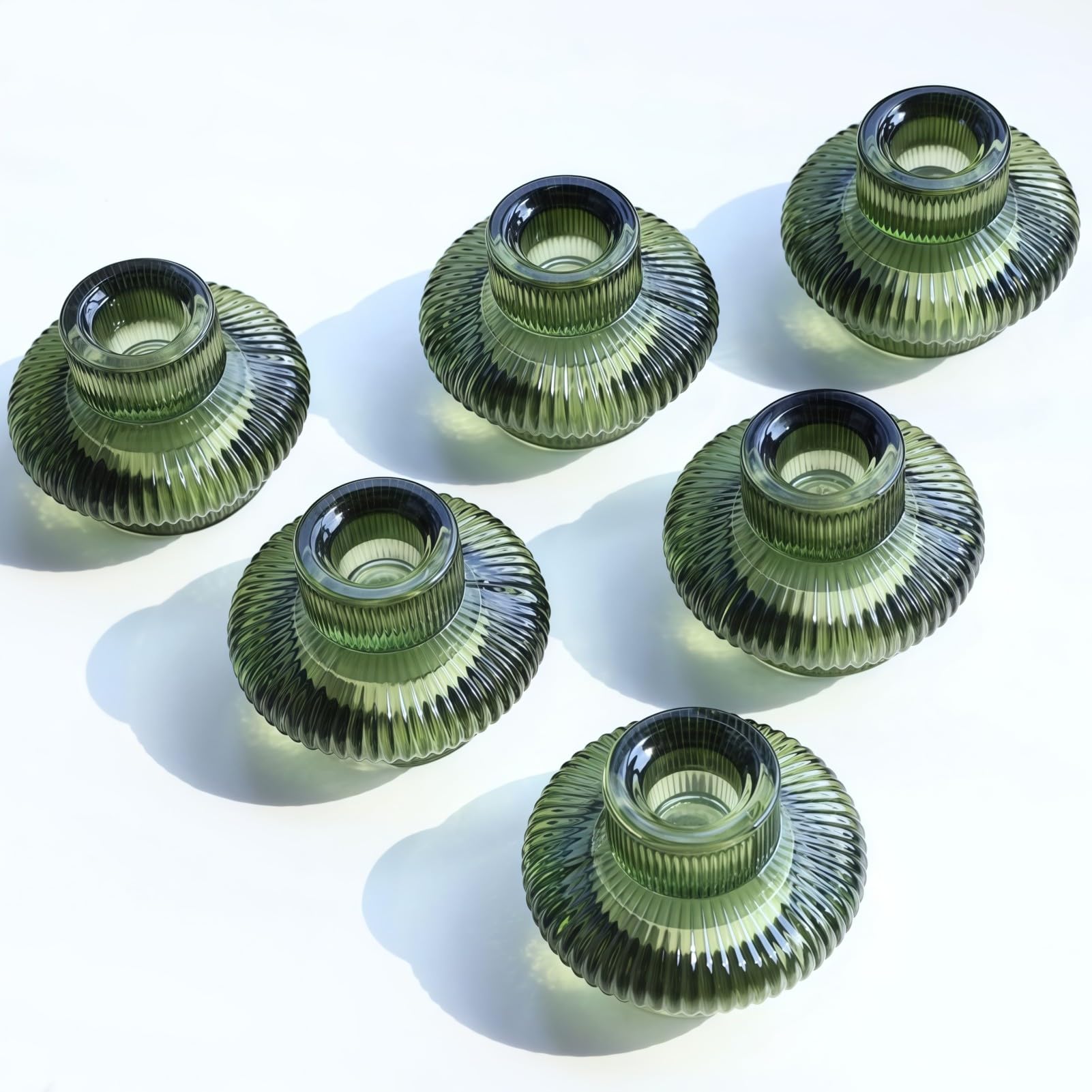 Vohocandle 6 pcs Green Candlestick Holders for Taper Candles & Tealights, Ribbed Candle Sticks Holders for Table Centerpiece, Tealight Holders for Christmas, Valentines Day, Wedding, Party