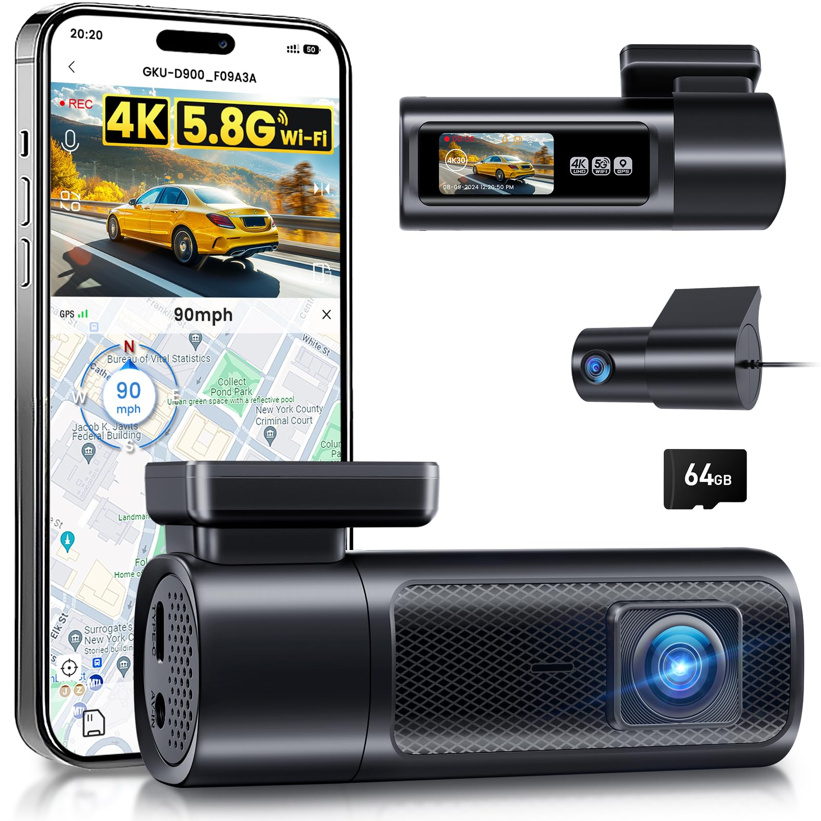 GKU 4K+1080P Dash Cam Front and Rear, 5Ghz Wi-Fi & GPS, WDR, Dual Car Camera with 1.47” IPS Screen, Dashcam with 64GB SD Card, Starlight Night Vision, 24H Parking Mode, G-Sensor,Max 512GB