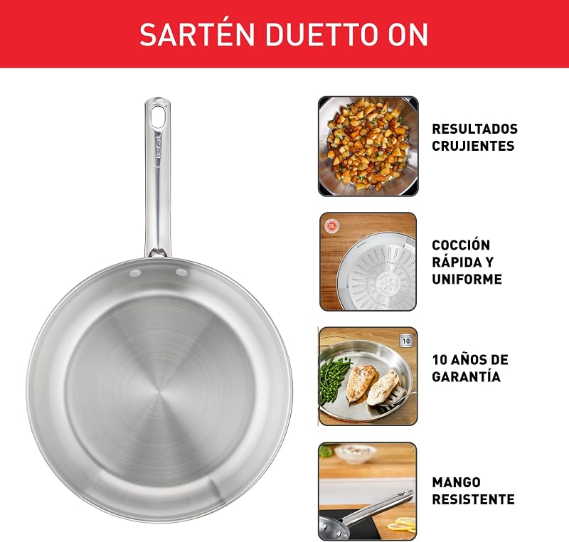 Duetto On - Frigideira de 28 cm, Aço inoxidável, Cozedura rápida e uniforme, Indução adequada, Pega ergonómica, Garantia de 10 anos, Resultados crocantes