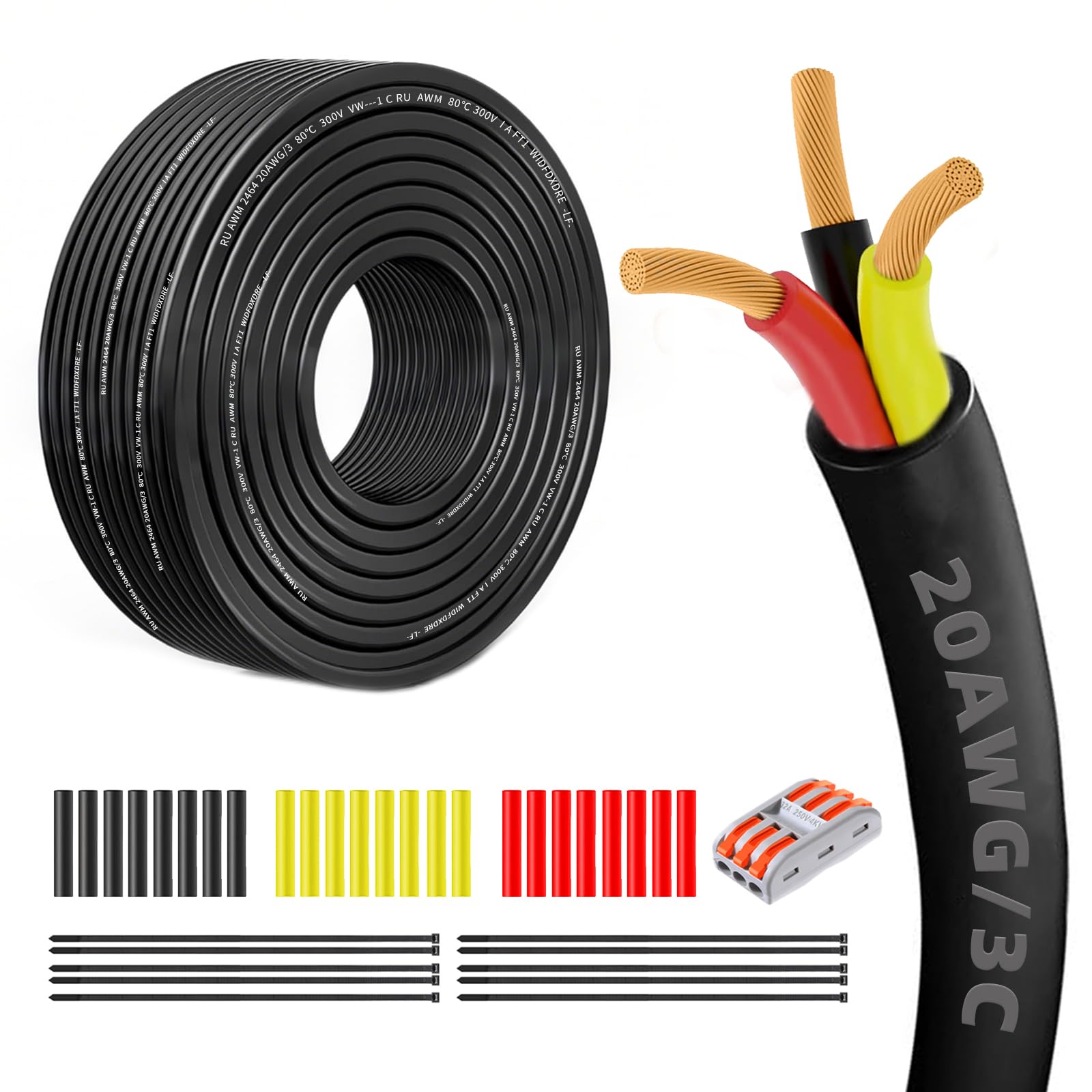 View 1 of 20 Gauge 100% Pure Copper 3 Conductor 20/3 Flexible Low Voltage 12 Volt Electrical Wire 50FT, UL2464 20AWG 3 Core Electrical Cable for Automotive, Marine,Boat,LED Lighting, Garden Lighting,etc