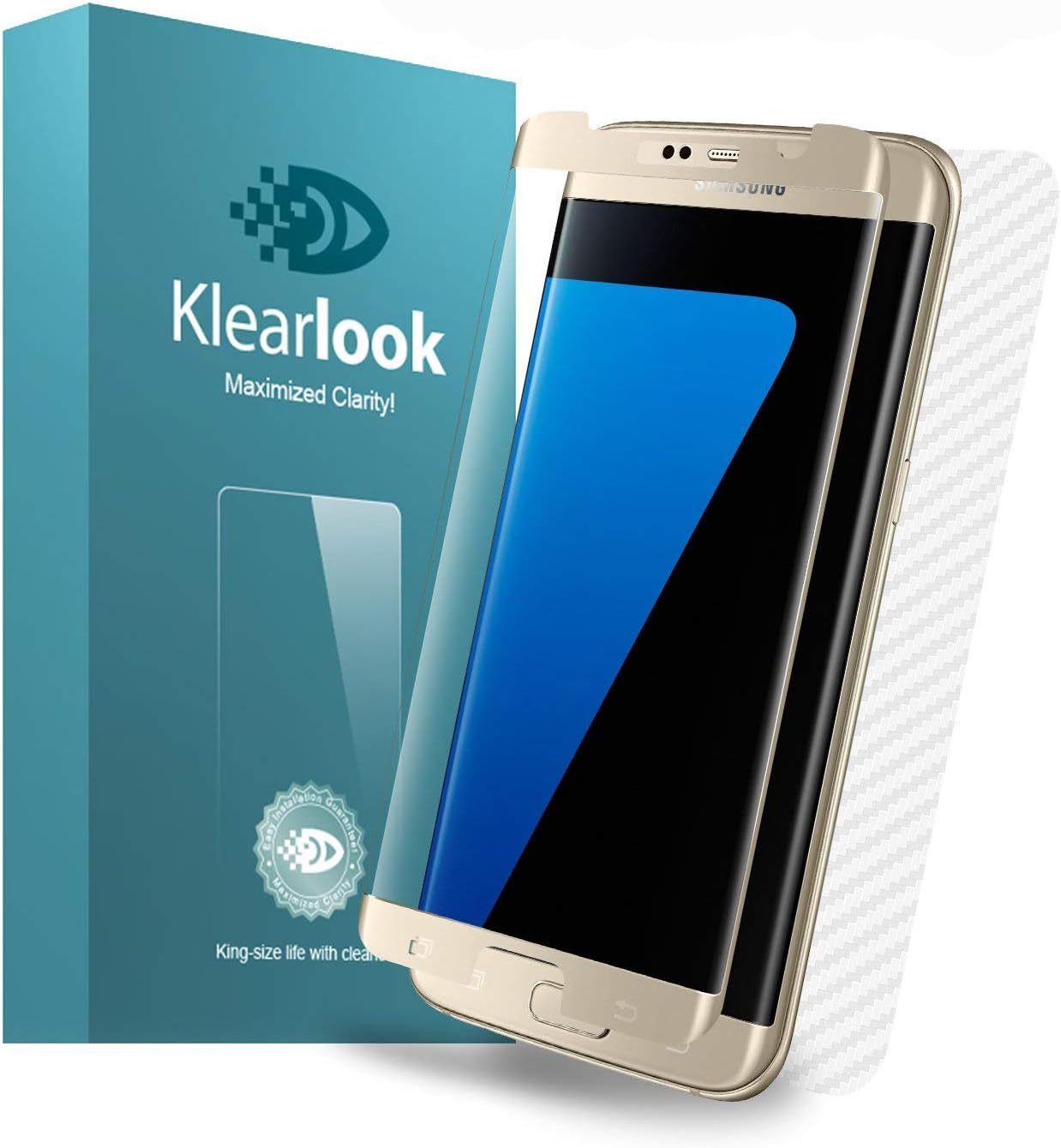 Klearlook Clear Glass Screen Protector for Galaxy S7 Edge, 1-(Case-Friendly) 3D Curve Fit HD Tempered Glass Screen Cover +1-Carbon Fibre Back Sticker Skin for 5.5" Galaxy S7 Edge (Gold Frame)