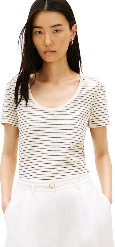 Damen T-Shirt Kurzarm Linen Scoop mit Rundhalsausschnitt, Weiß (Small BRT STP Calico/Black), L