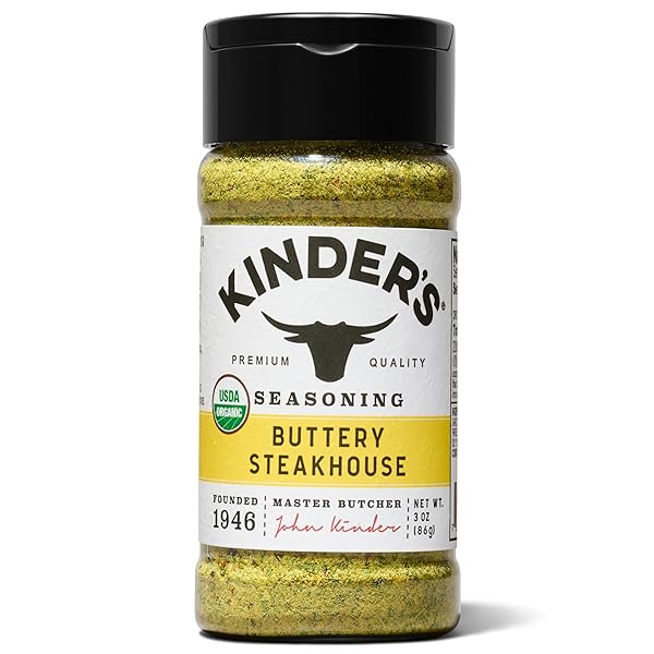 KINDER’S ORGANIC BUTTERY STEAKHOUSE RUB, PREMIUM QUALITY SEASONING, MSG FREE, USDA CERTIFIED ORGANIC, 3 OZ