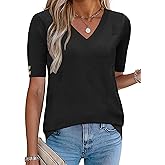 Zeagoo Womens Short Sleeve Sweater 2026 Summer V Neck Lightweight Sweater Tops Dressy Ribbed Knit Outfits with Buttons
