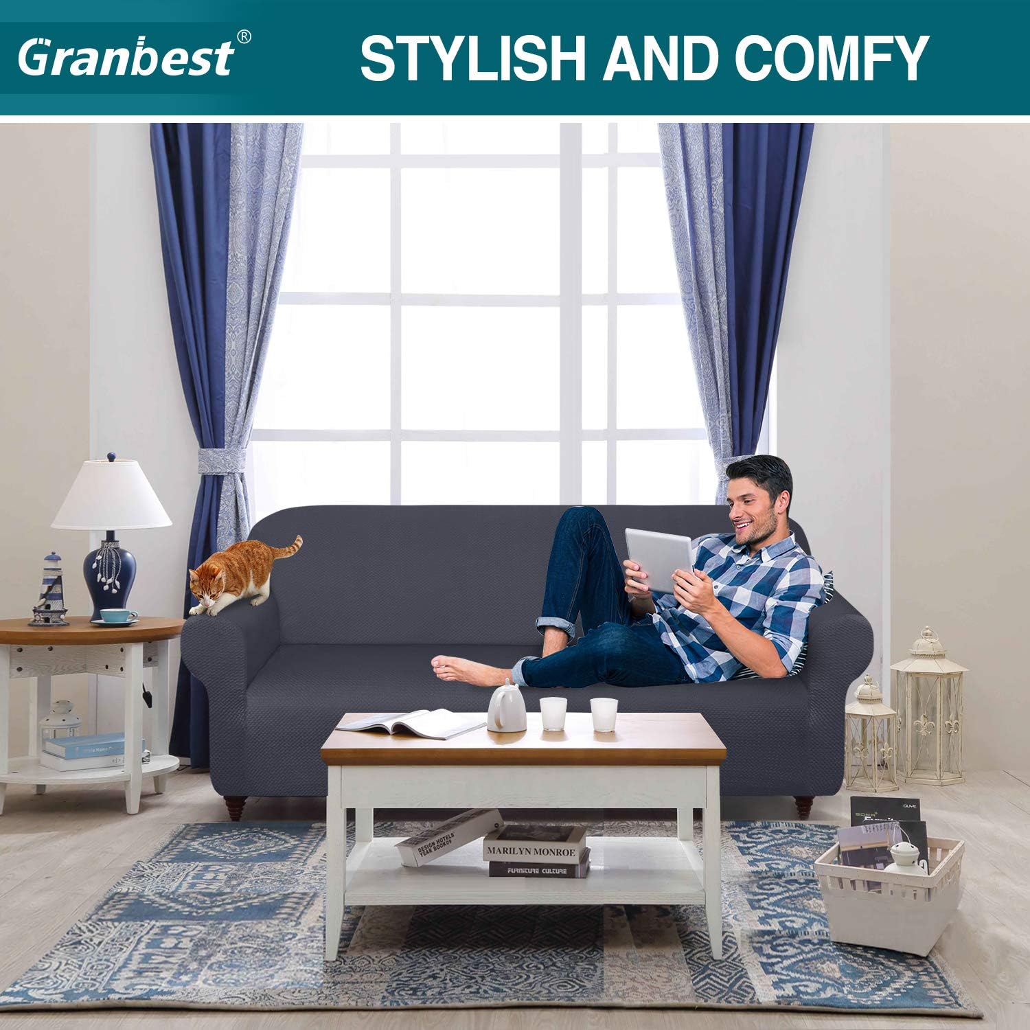 Granbest Thick Sofa Covers for 3 Cushion Couch Stylish Pattern Couch Covers for Sofa Stretch Jacquard Sofa Slipcover for Living Room Dog Pet Furniture Protector (Large, Gray): Furniture & Decor