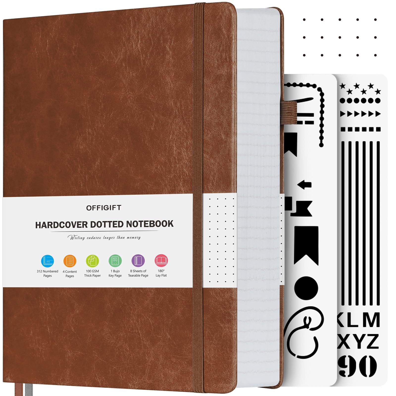 OFFIGIFT Dotted Notebook A5, 312 Numbered Pages Hardback Leather Notebook, 100gsm No Bleed Paper Dot Grid Notebook with Index Pages, Dotted Journal for Bullet Journaling, 14.5 x 21.5cm, Brown — image 1