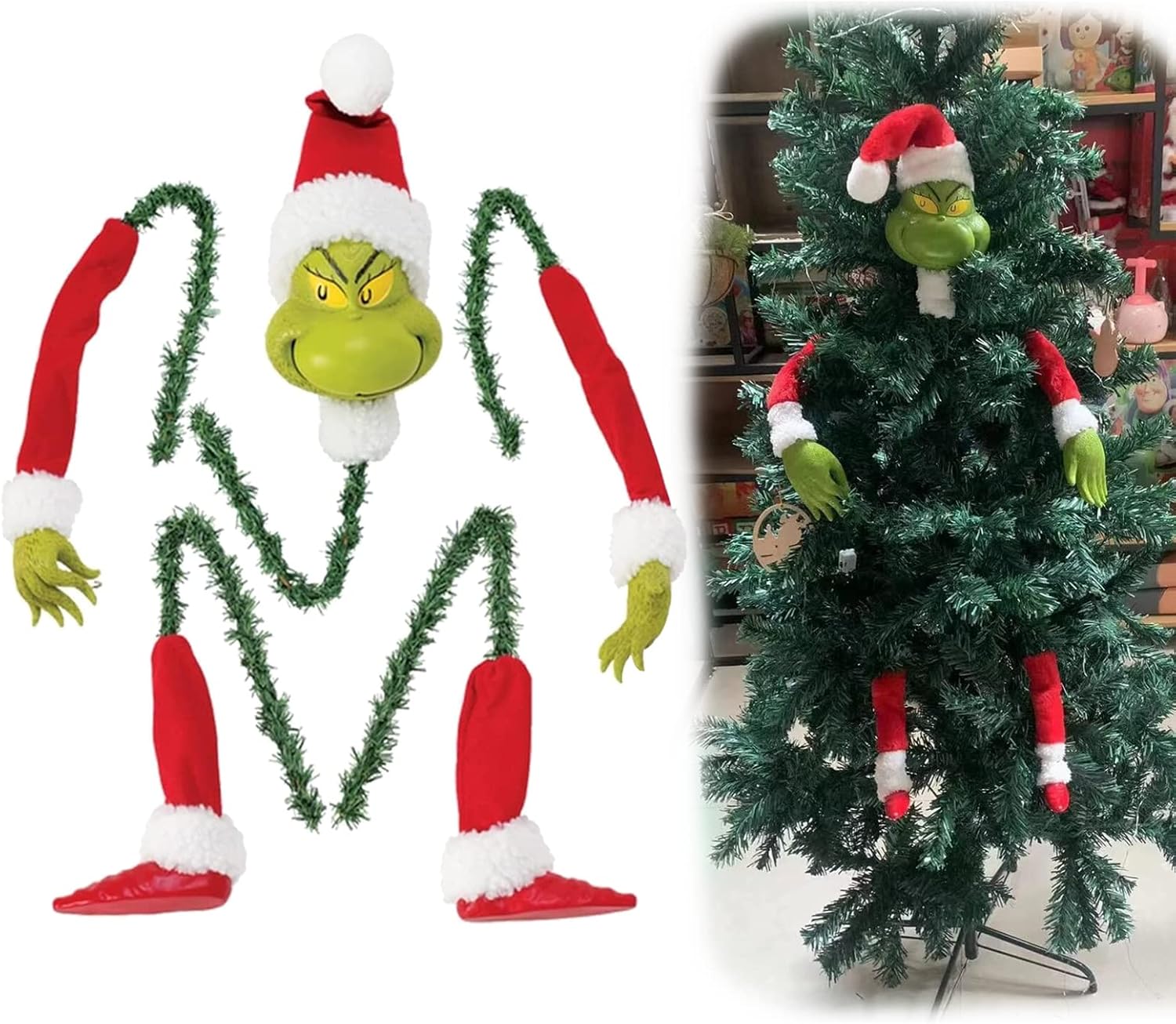 Tree Toppers - Grinch Christmas Tree Decoration, Elf Head, Arms and Legs for Christmas Tree, Stole Christmas Elf Stuffed Stuck Tree Topper Garland Ornaments (A)
