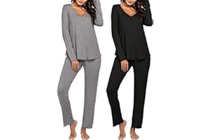 Ekouaer Womens 2 Pack Pajama Set Long Sleeve Pajamas Top and Pants V Neck Pjs Set Soft Sleepwear Loungewear S-XXL