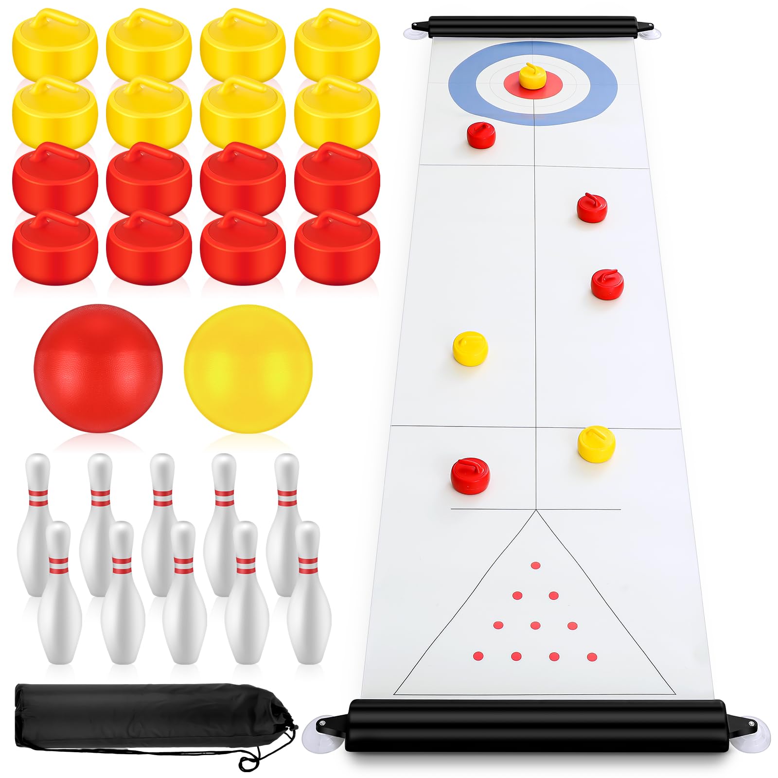 Photo 1 of Seenelling 2 in 1 Curling and Bowling Board Games Indoor Shuffleboard Game Set with 7 ft Mat 16 Curling Stones, 10 Bowling Pins, 2 Balls for Fun Family Sport Party Floor