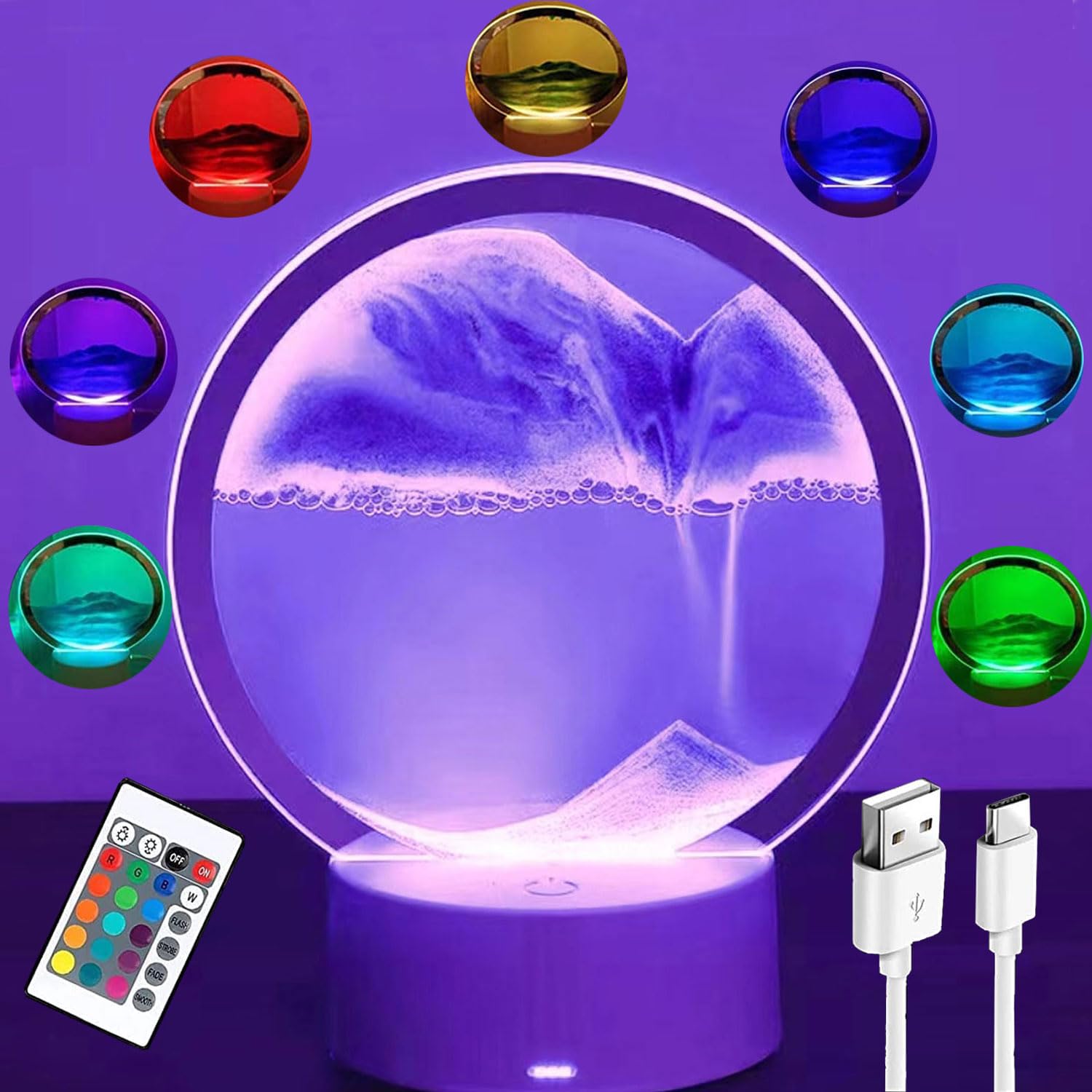 Genyerl 3D Moving Sand Art Liquid Motion Table Lamp,RGB Color Changing Quicksand Lamp,360°Rotating Hourglass Decoration,3D Hourglass Deep Sea Sandscape Home Desktop Decoration(Purple with Remote)