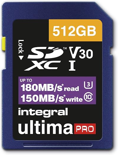 Integral 512GB SDXC Memory Card U3 V30 A2 UHS-I 180MB/s Read 130MB/s Write 4K