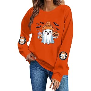 ASUIU Halloween Sweatshirts for Women Fall Crewneck Sweat shirts Cute Ghost Spooky Season Halloween Costumes