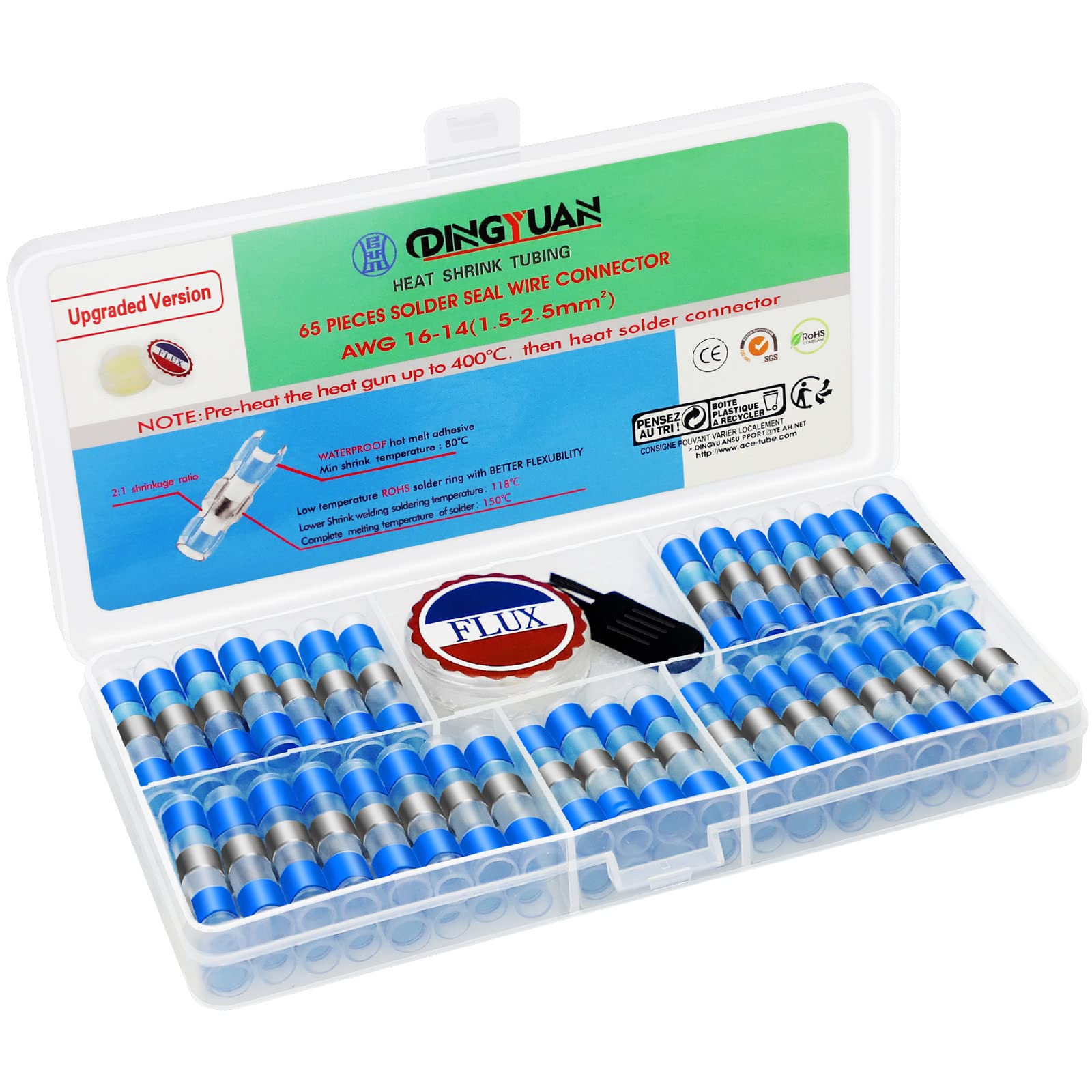 DINGYUAN 65 PCS Solder Seal Wire Connectors with Solder Paste, Low Melting Point Heat Shrink Butt Splice Terminals, Waterproof Electrical Insulated Sleeves (Blue, 16-14 AWG / 1.5-2.5mm²)