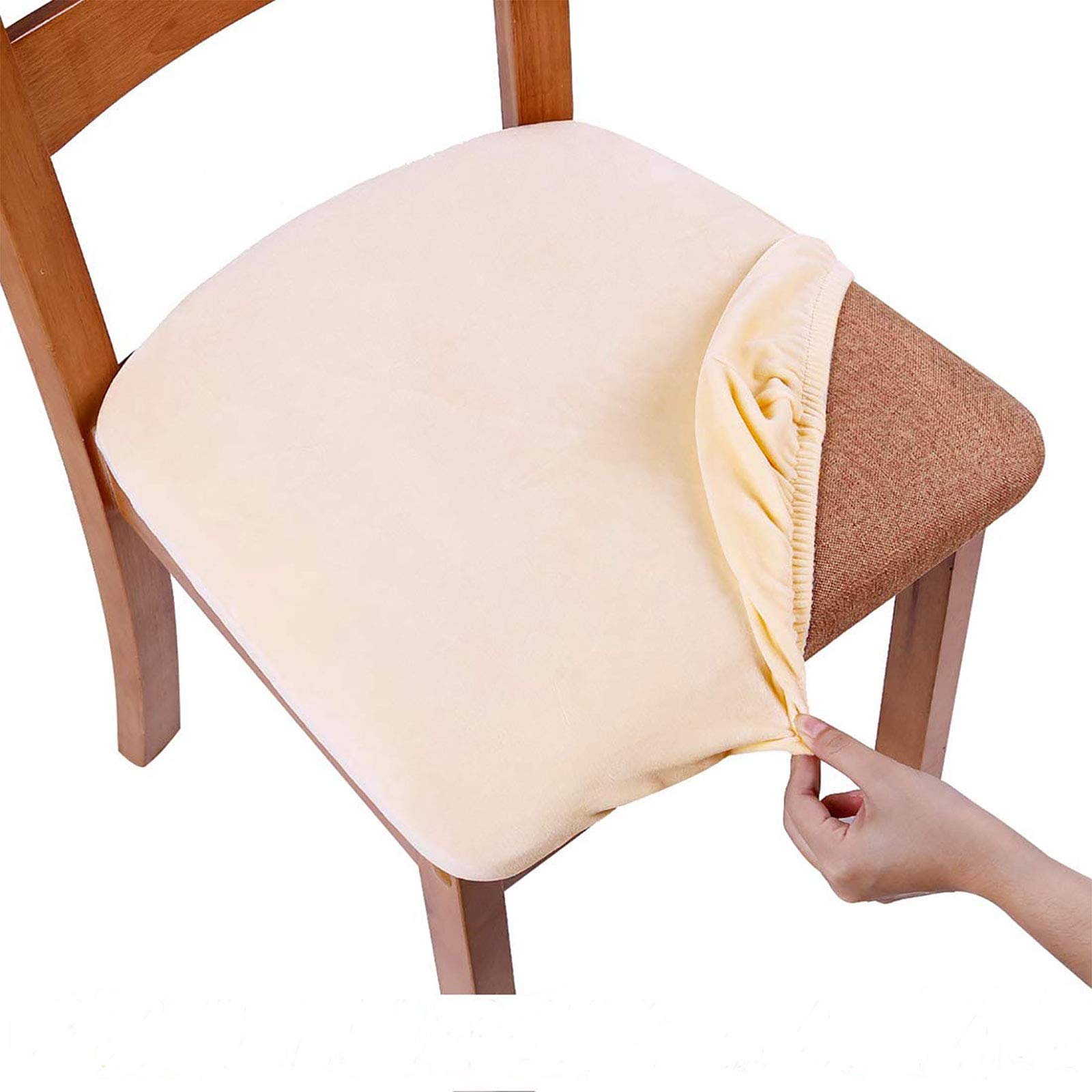 smiry Stretch Chair Seat Covers for Dining Room, Velvet Dining Chair Seat Protectors Chair Slipcovers, Set of 4, Cream