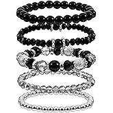 Ouligay 5 PCS Black Beaded Bracelets for Women Men Stackable Bracelet Gothic Crystal Bead Bracelets Stretch Layering Bracelet Anxiety Stress Relief Jewelry Gifts
