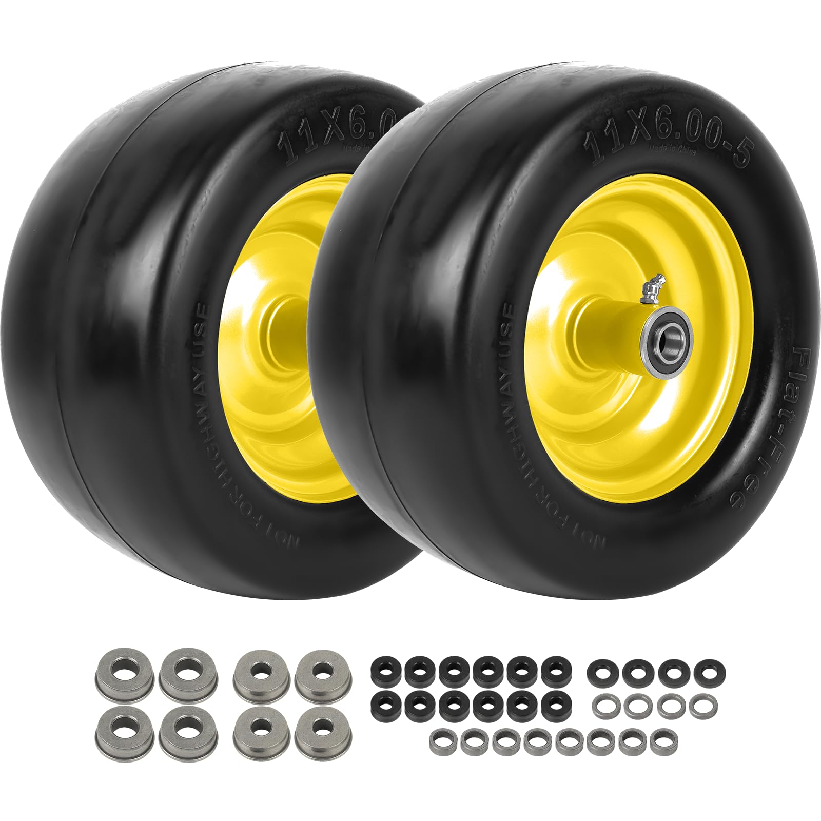 Photo 1 of AR-PRO 11x6.00-5 Flat Free Tire and Wheel - Relacement 11x6-5 Solid Rubbe Riding Lawn Mower Tire with Rim, 5.3"-7.5" Centered Hub and 3/4" Bearings - Fit Most Zero Turn Mowers (2-Pack)