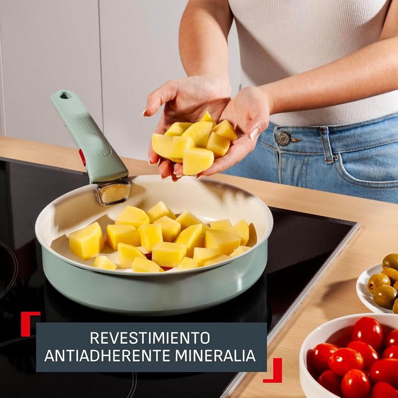 Ingenio Serenity - Conjunto de 2 Tabuleiros 22/28 cm + Panela 20 cm + Pega removível, revestimento antiaderente, Empilhável, Indução, Lavar loiça e forno, Eucalipto