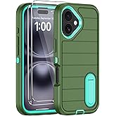 for iPhone 16 Plus Case with Screen Protector,Built-in Invisible Kickstand,Heavy Duty Shockproof Drop Protection Military Grade Tri-Layer Rugged Durable Cell Phone Cover for Apple 16 Plus 6.7"(Green)