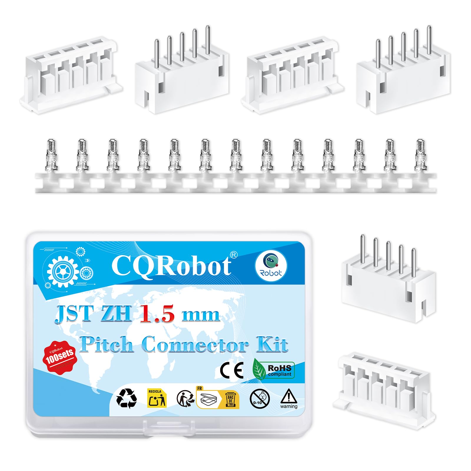 CQRobot JST ZH 1.5 mm Pitch 5-Pin Electronic Computer Connector IC Male Plugs, Female Sockets Housing and T-Shaped Crimp Terminal Kit. 100 Sets/700 Pieces Wire-to-Board Adapter Cable Assembly.