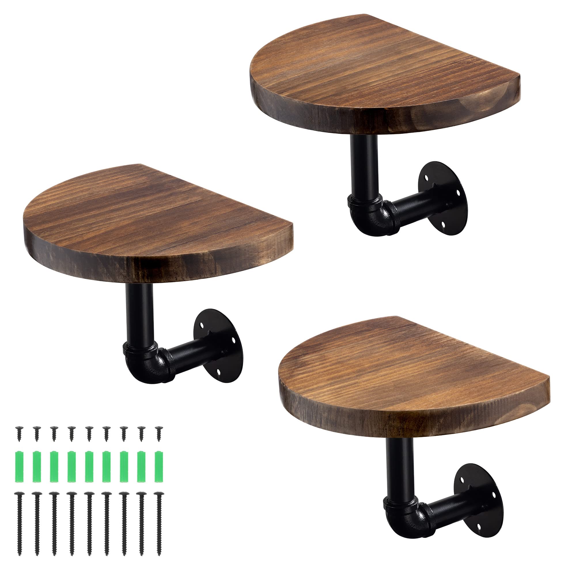 Navaris Industrial Pipe Shelf Set - 3 Small Rounded Wood Shelves with Shelf Brackets - 20cm x 15cm Wall-Mounted Wooden Shelving - Size S, Dark Brown