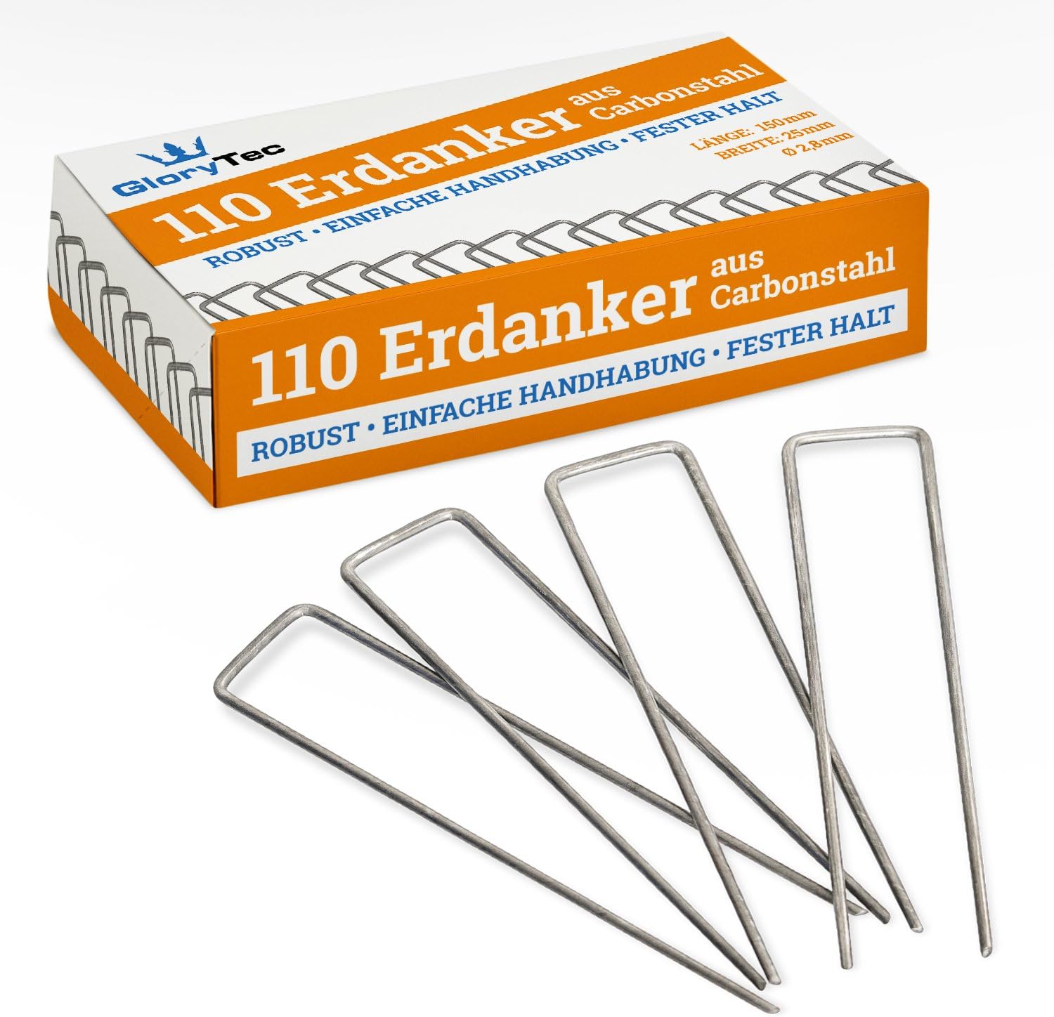 Glorytec 110 Garden Pegs from Carbon Steel - 2.83 mm Diameter 150 mm Long, 25 mm Wide Landscape Securing Pegs - Fixing Weed Fleece, Garden Net and Tarpaulins - 110 Garden Staples from