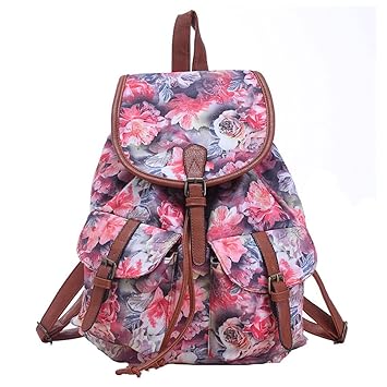 Sammua Mädchen Retro Flower Floral Rucksack Leinwand Umhängetasche Schul Bookbag mit Kordelzug Lederschnallen Lässige Daypack