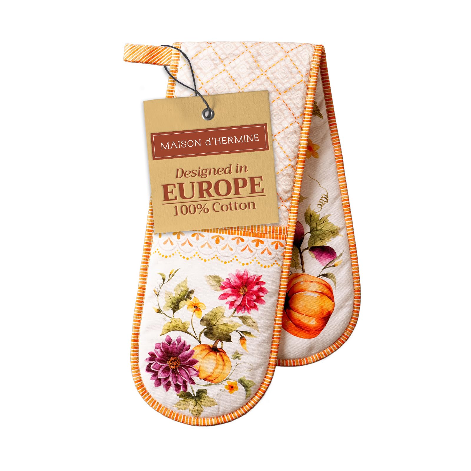 Maison d' Hermine Double Oven Mitt (18 cm x 89 cm) 100% Cotton Heat Resistant BBQ Cooking Gloves with Loop for Christmas Decorations Cooking Barbeque Handling Hot Pan (Pumpkin Garden - Cloudy Cream)