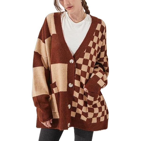 Women Checkered Cardigan Y2K Cable Knit Plaid Long Puff Sleeve